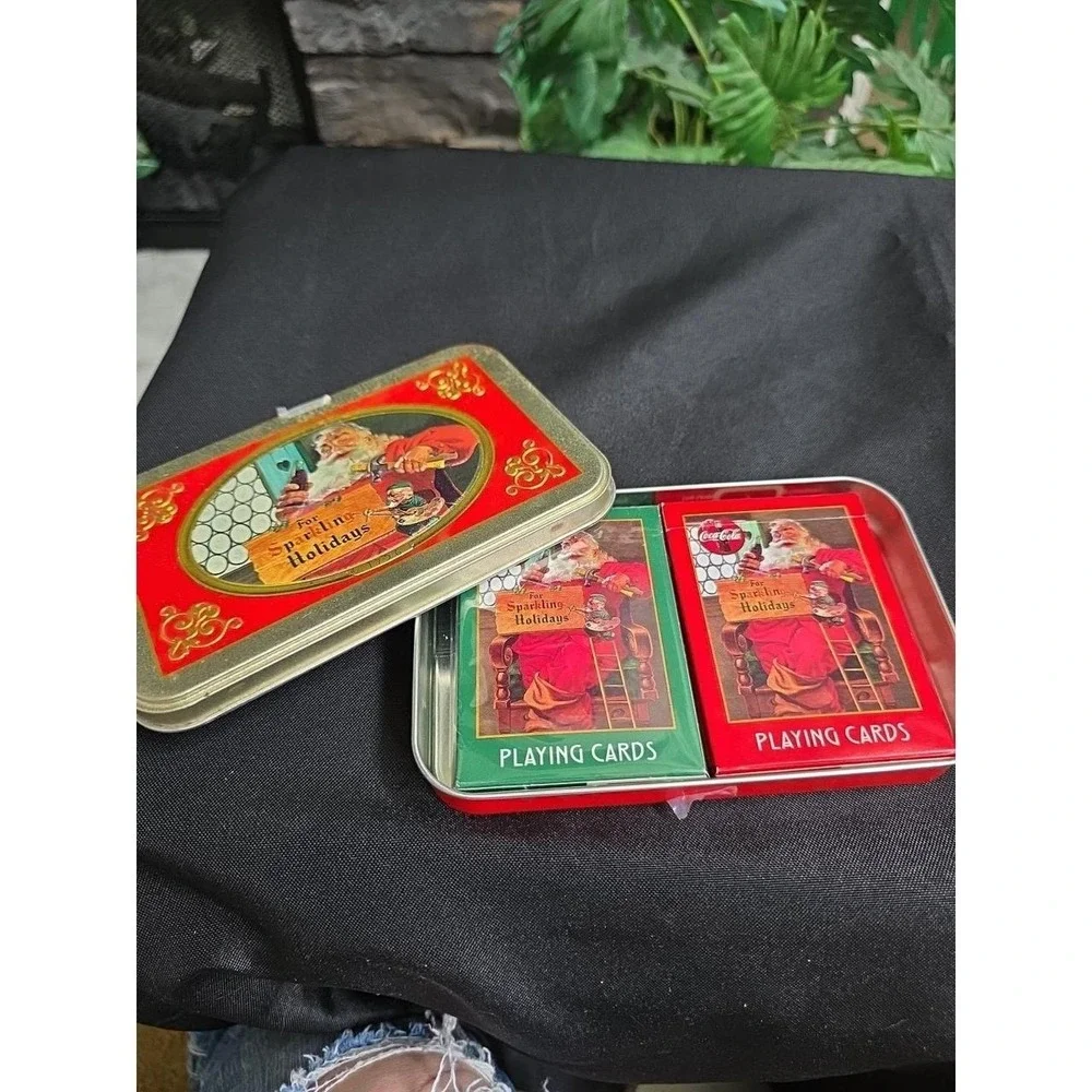 Vtg Christmas 2 Playing Card Deck Bridge Set w Tin Case Santa Claus